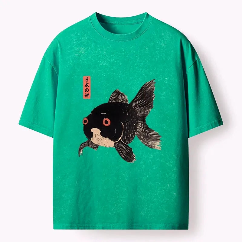 Kyoto-Lion Japanese Black Goldfish Art Washed T-Shirt