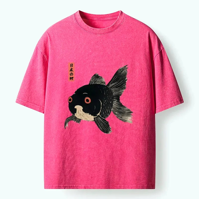 Kyoto-Lion Japanese Black Goldfish Art Washed T-Shirt