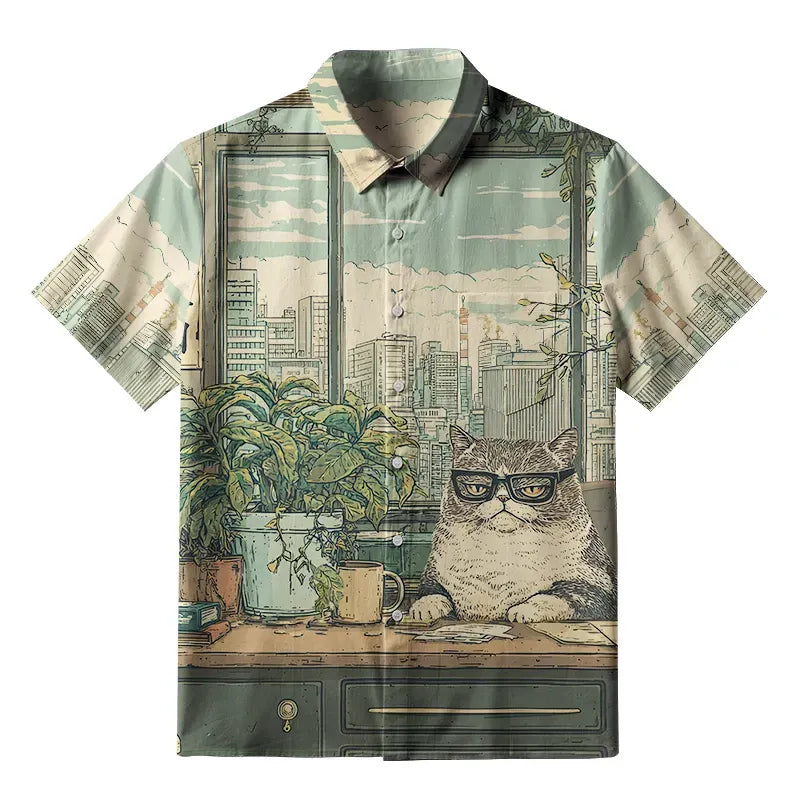 Kyoto-Lion Funny Cat Meditating Button-up Shirt