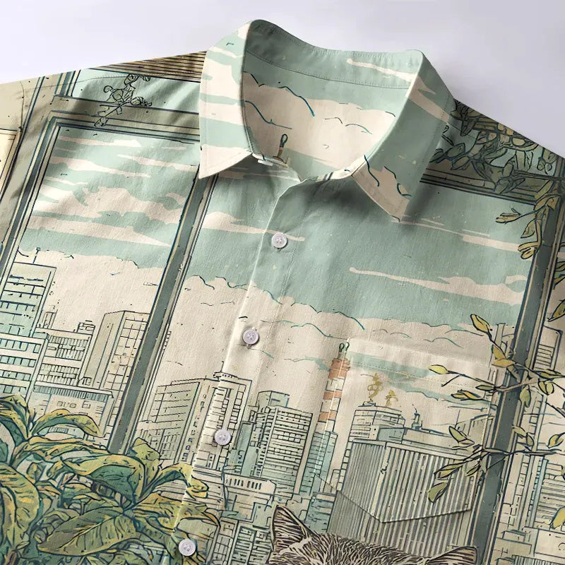 Kyoto-Lion Funny Cat Meditating Button-up Shirt