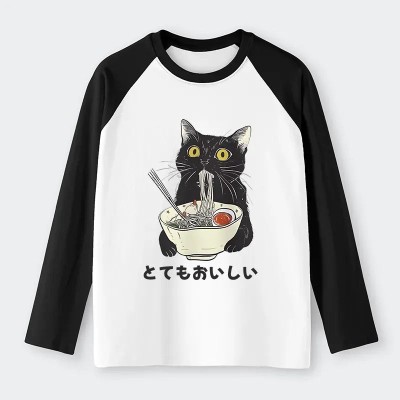 Kyoto-Lion Cats Eat Ramen Noodles Raglan Long Sleeve T-shirt