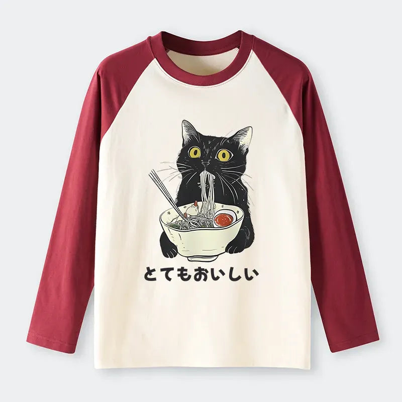 Kyoto-Lion Cats Eat Ramen Noodles Raglan Long Sleeve T-shirt