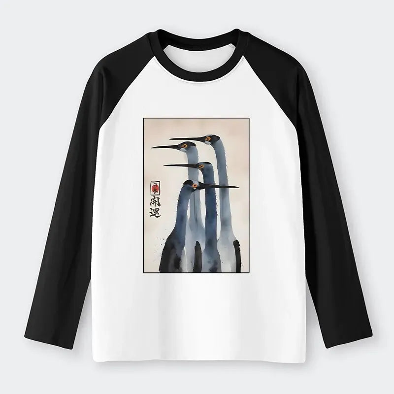 Kyoto-Lion Retro Sandhill Crane Raglan Long Sleeve T-shirt