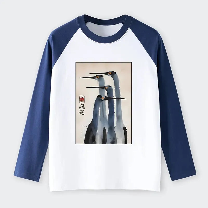 Kyoto-Lion Retro Sandhill Crane Raglan Long Sleeve T-shirt