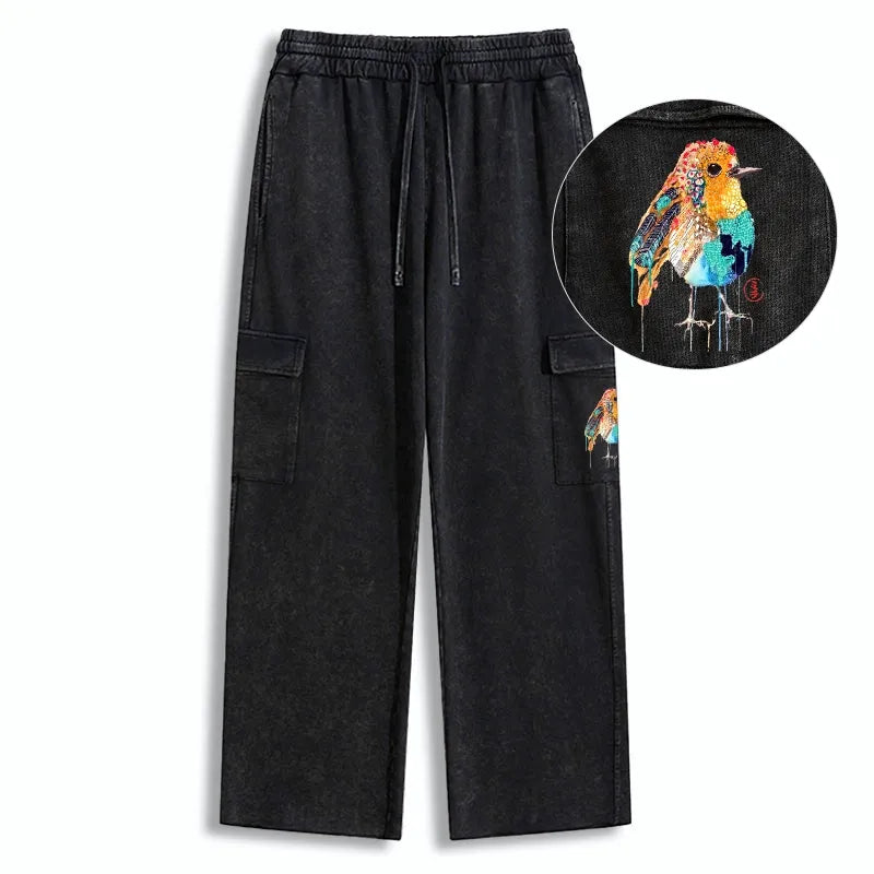 Kyoto-Lion Sparkly Wild Bird Washed Utility Sweatpants