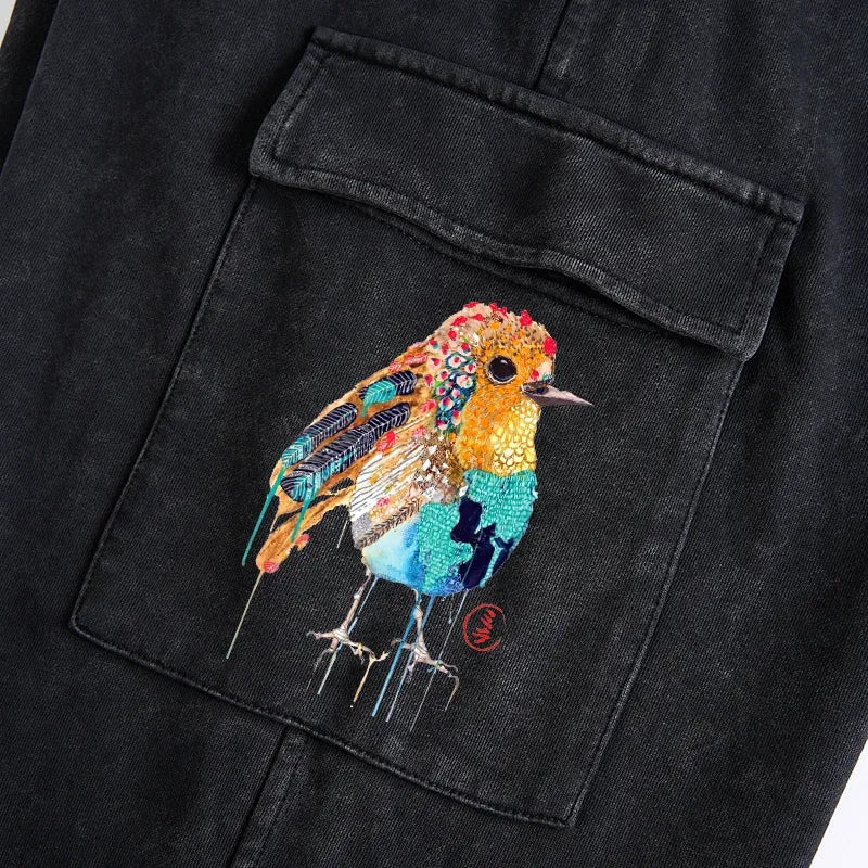 Kyoto-Lion Sparkly Wild Bird Washed Utility Sweatpants