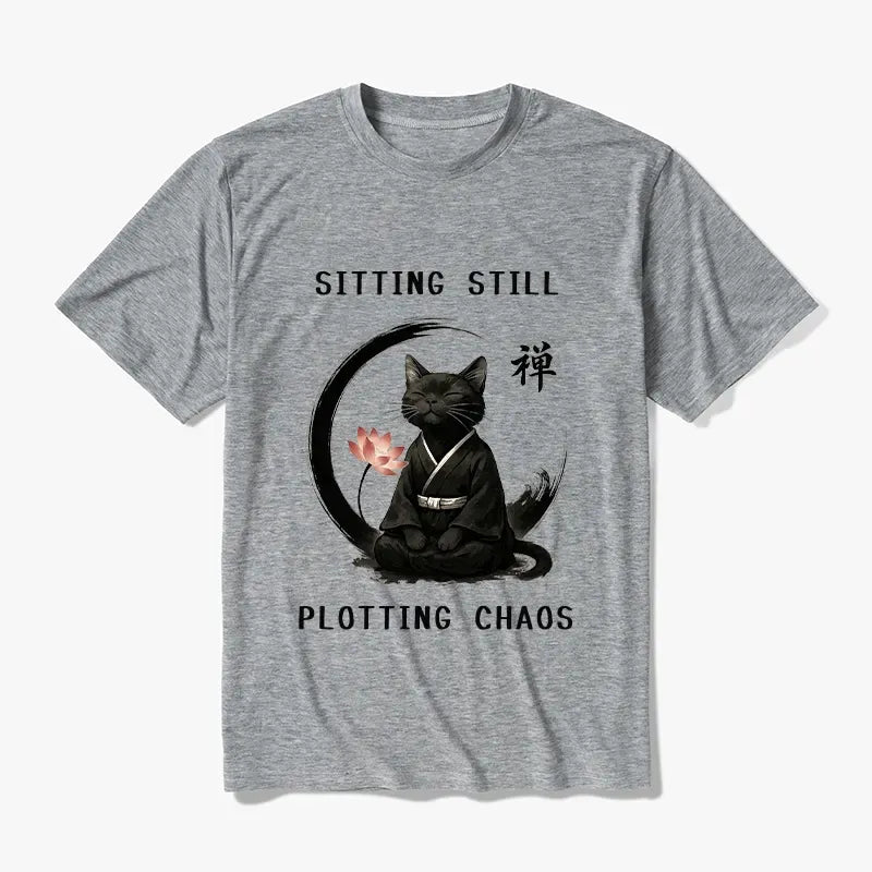 Kyoto-Lion Sitting still plotting chaos Calming Zen Cat Funny Cotton Blend T-Shirt
