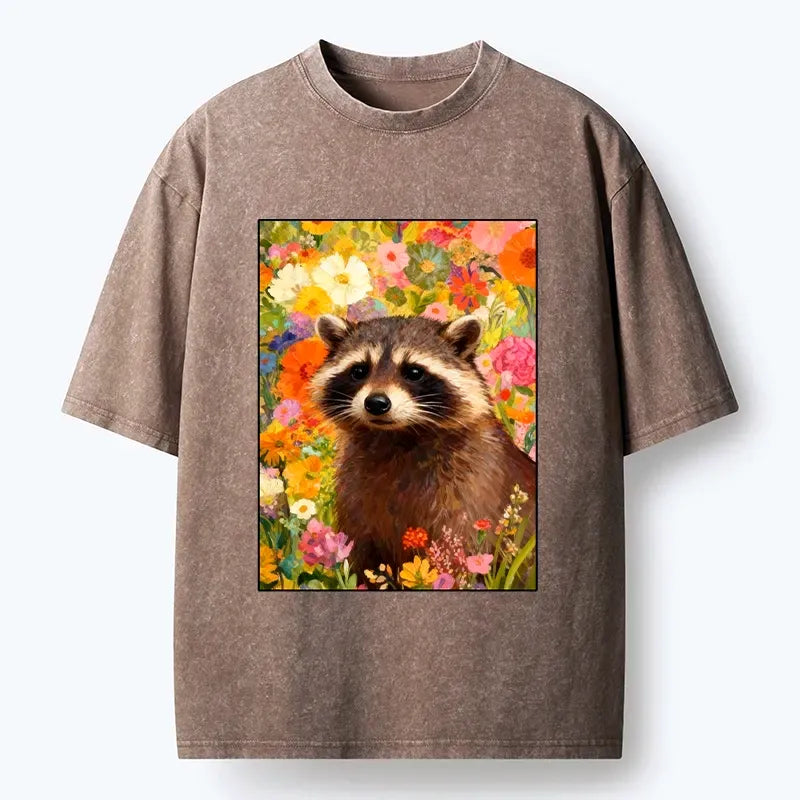 Kyoto-Lion Raccoon Among Bright Flowers Washed T-Shirt