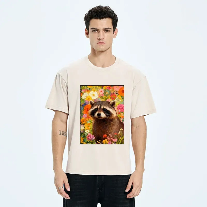 Kyoto-Lion Raccoon Among Bright Flowers Washed T-Shirt