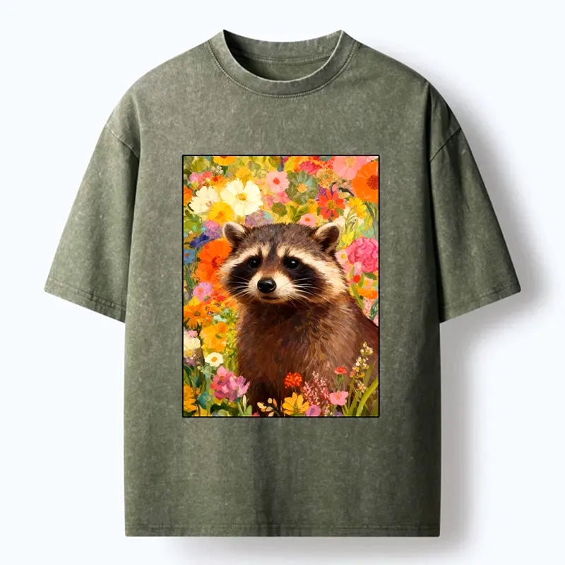 Kyoto-Lion Raccoon Among Bright Flowers Washed T-Shirt