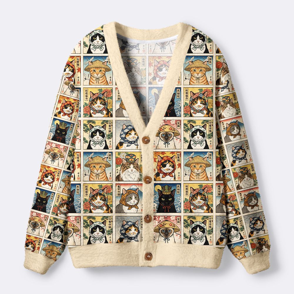 Kyoto-Lion Ukiyo-e Cats Collection Ugly Cardigan Sweater