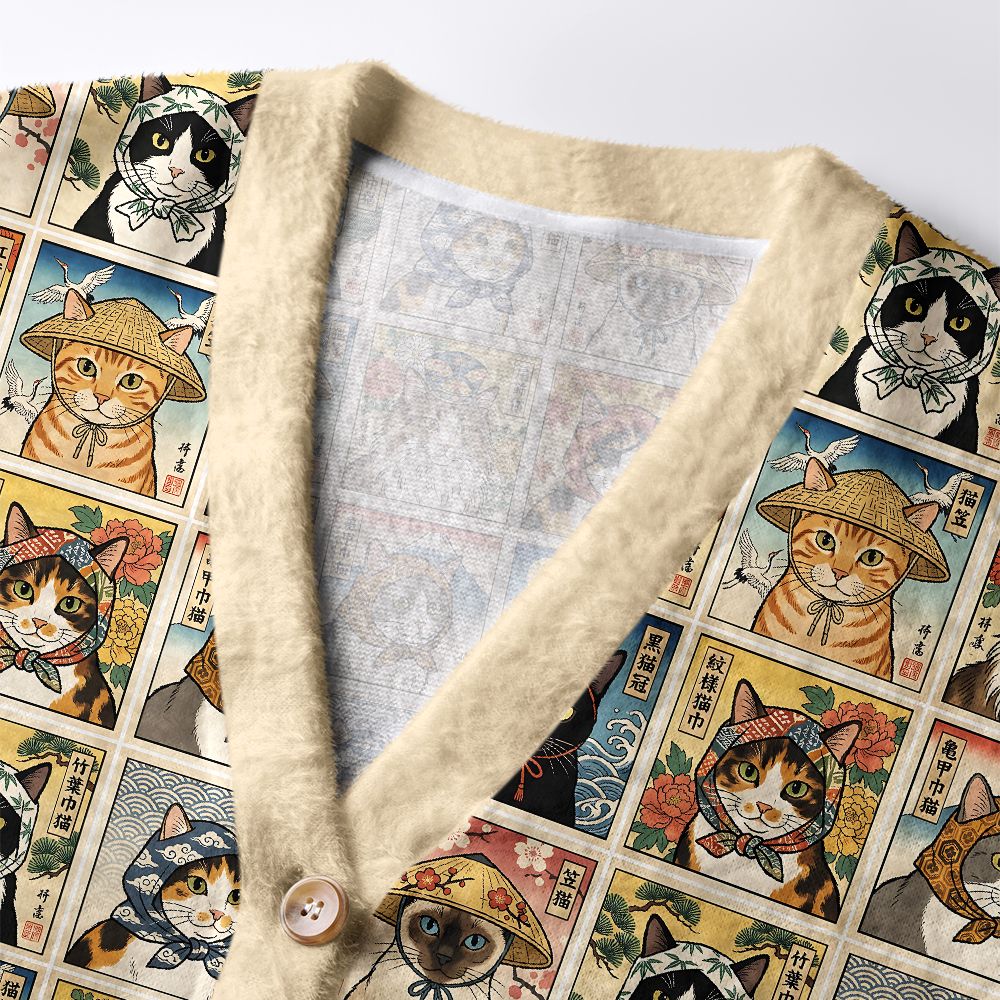 Kyoto-Lion Ukiyo-e Cats Collection Ugly Cardigan Sweater