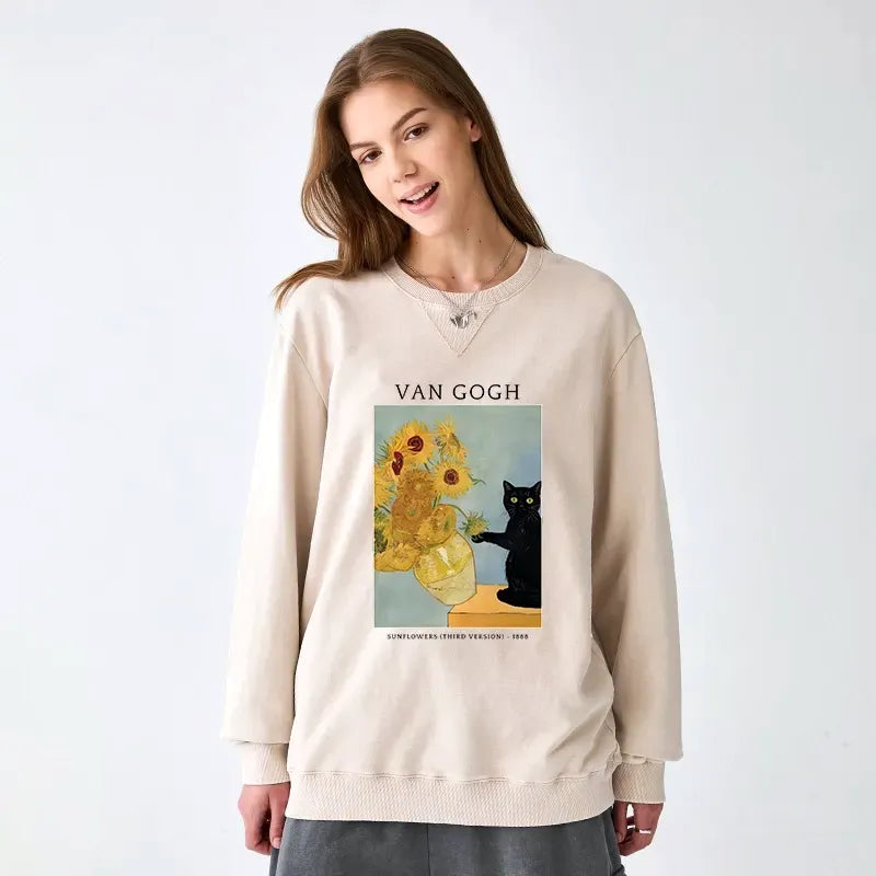 washed terry sweatshirt with black cat