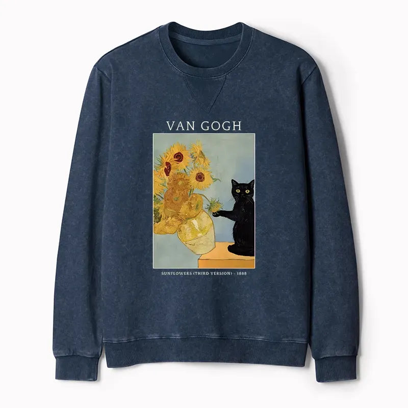 washed terry sweatshirt with black cat