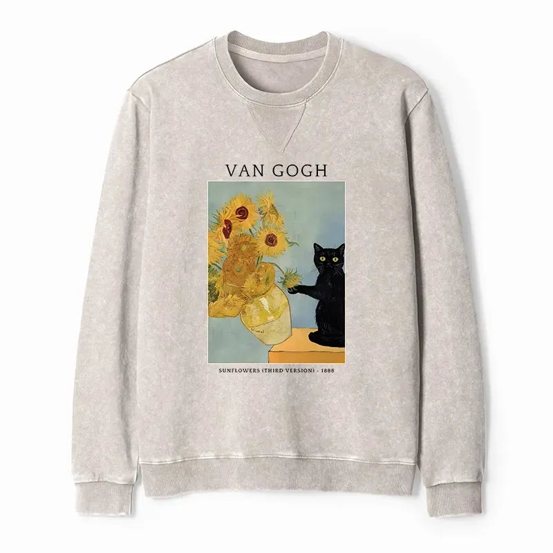 Kyoto-Lion Black Cat With Sunflowers Washed Terry Sweatshirt