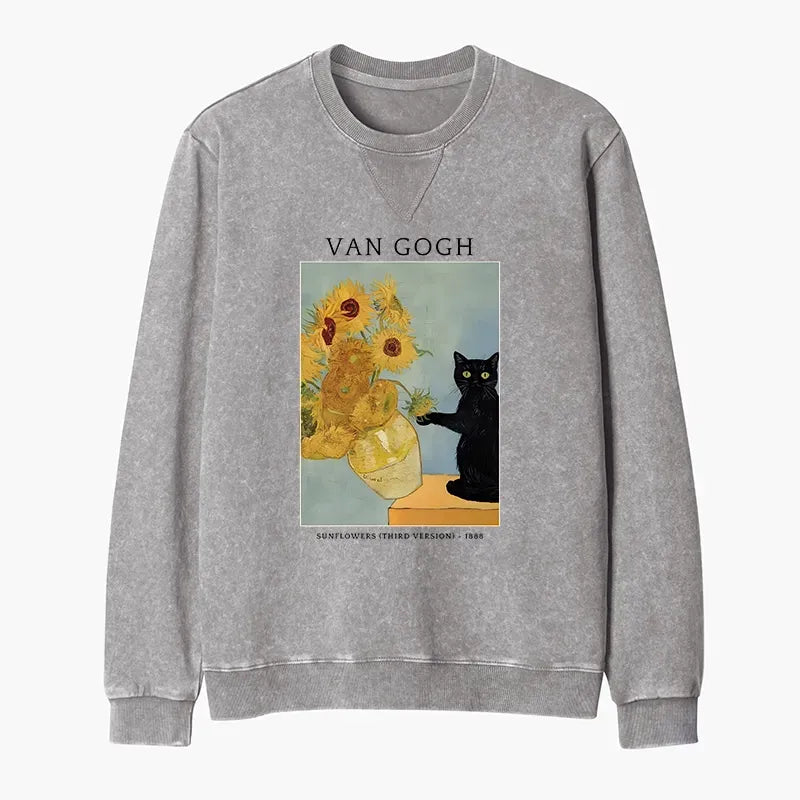 Kyoto-Lion Black Cat With Sunflowers Washed Terry Sweatshirt