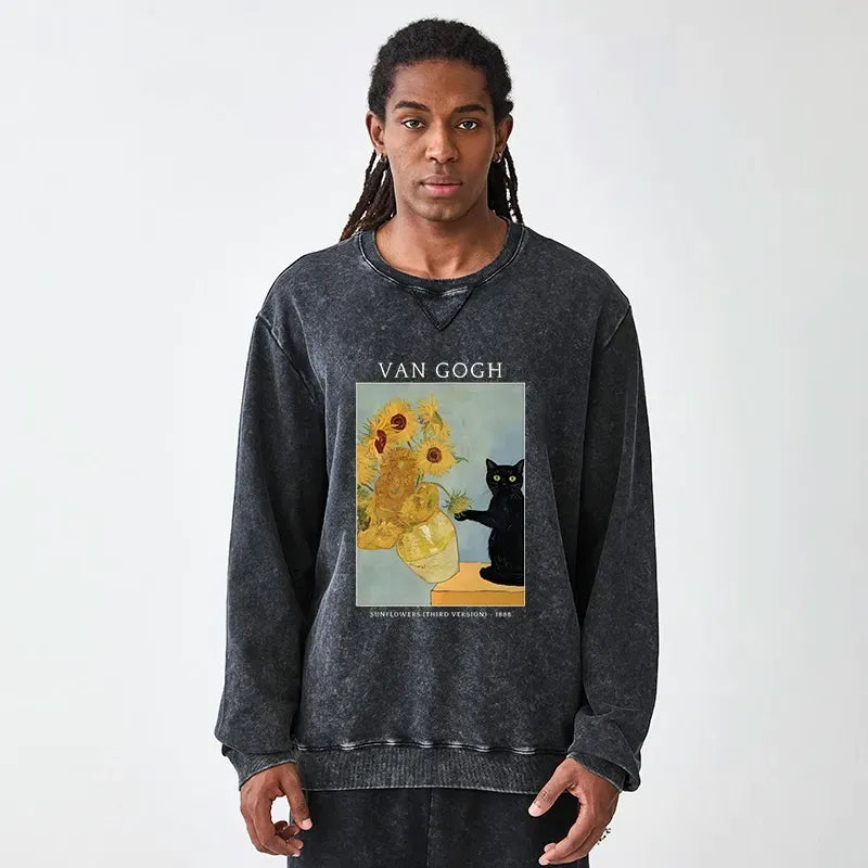 washed terry sweatshirt with black cat