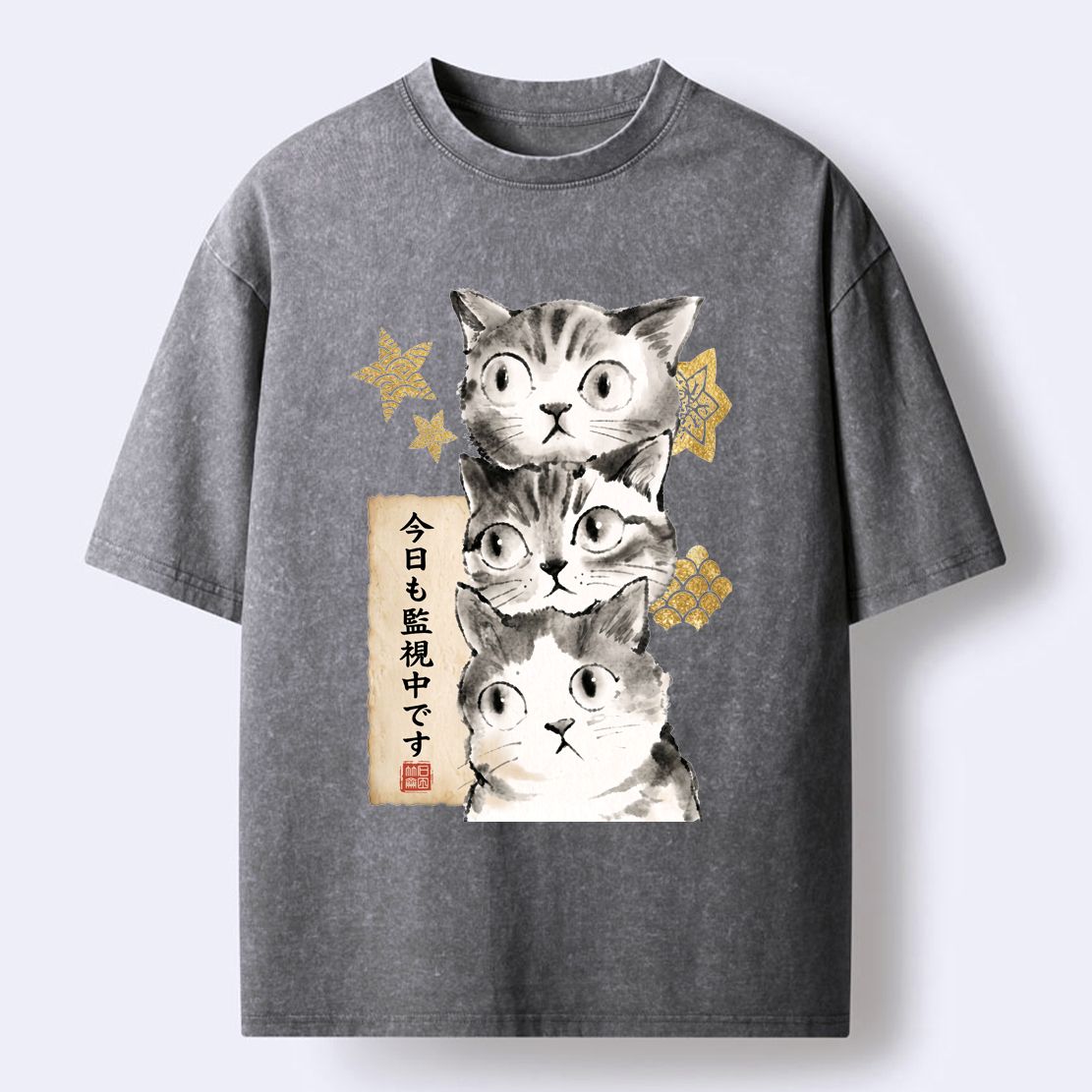 Japanese ink painting cat t-shirt for daily wear