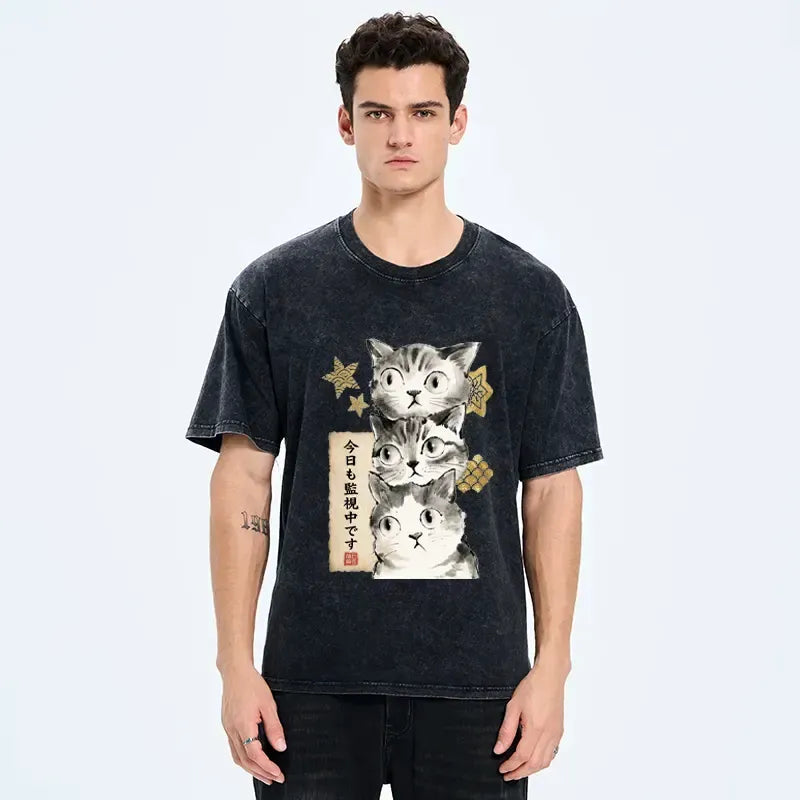 Kyoto-Lion Ink Painting Cat In Your Care Washed T-Shirt