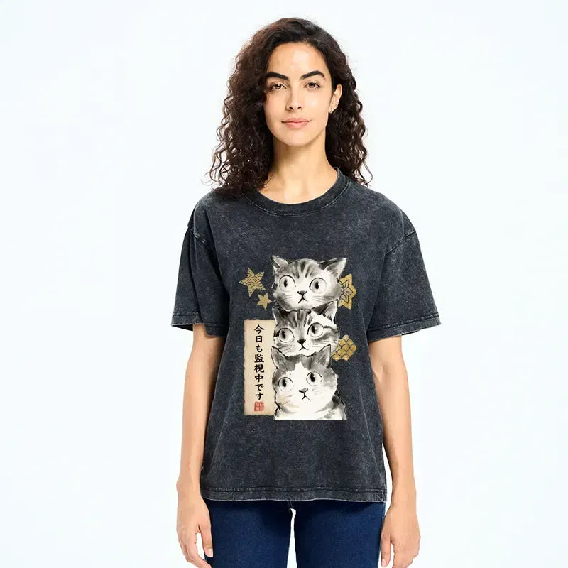 Kyoto-Lion Ink Painting Cat In Your Care Washed T-Shirt