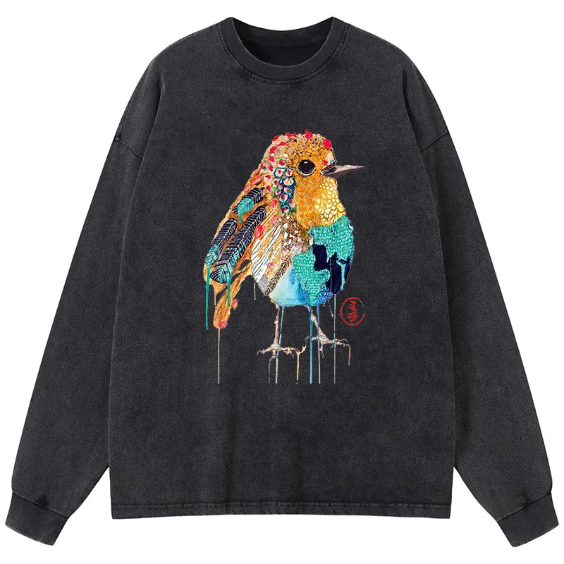 Kyoto-Lion Sparkly Wild Bird Washed Long Sleeve T-Shirt