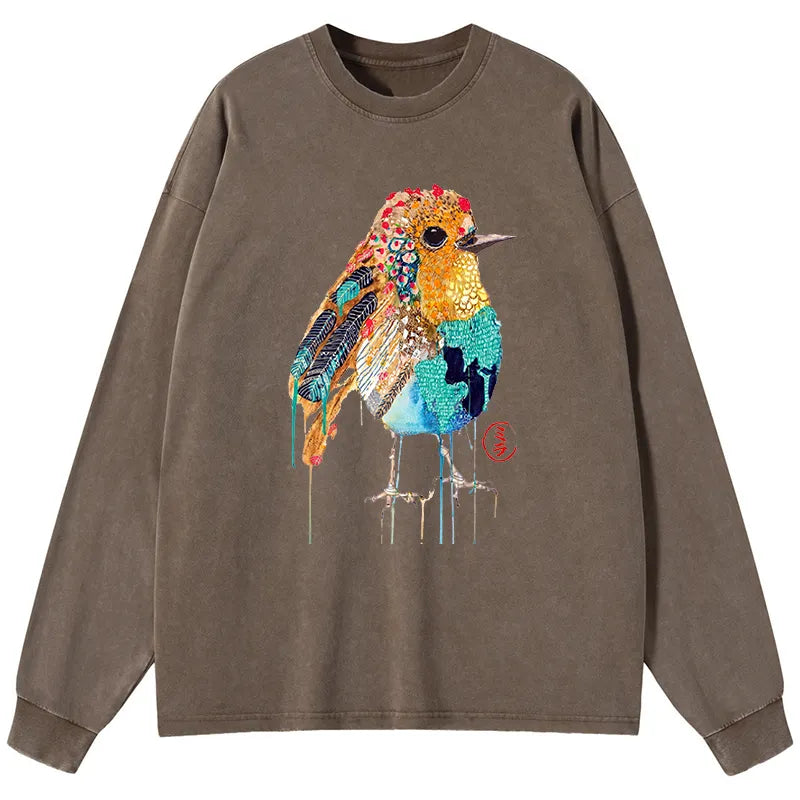 Kyoto-Lion Sparkly Wild Bird Washed Long Sleeve T-Shirt