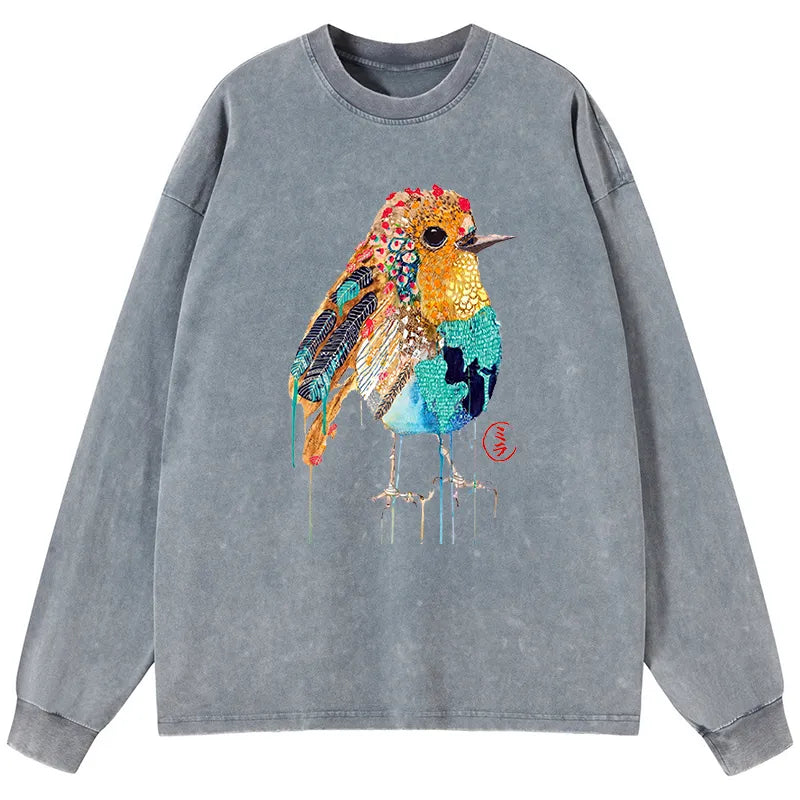 Kyoto-Lion Sparkly Wild Bird Washed Long Sleeve T-Shirt