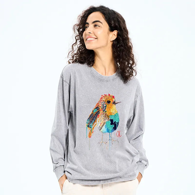 Kyoto-Lion Sparkly Wild Bird Washed Long Sleeve T-Shirt