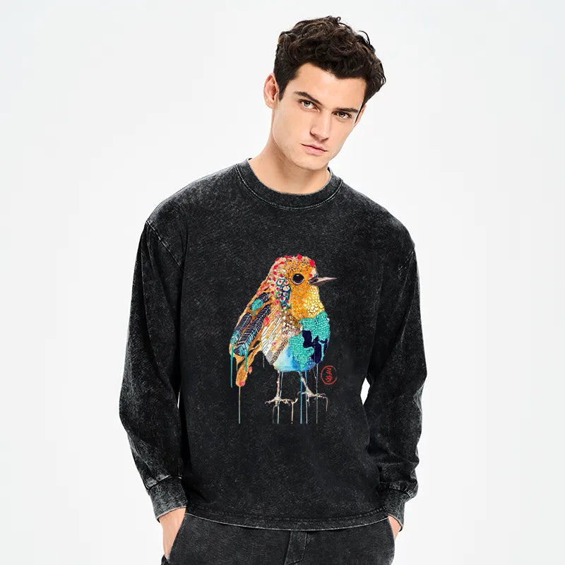 Kyoto-Lion Sparkly Wild Bird Washed Long Sleeve T-Shirt