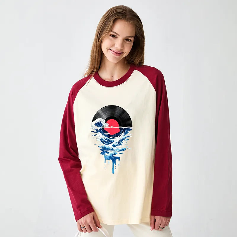 Kyoto-Lion Vinyl Records And Waves Raglan Long Sleeve T-shirt