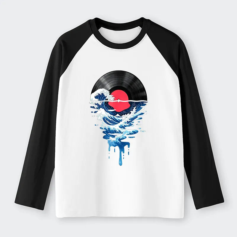 Kyoto-Lion Vinyl Records And Waves Raglan Long Sleeve T-shirt