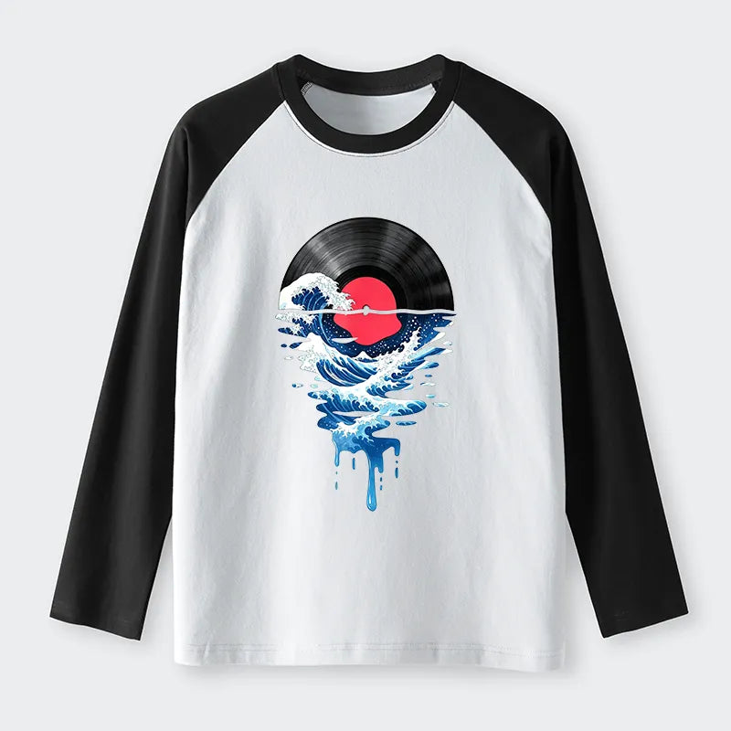 Kyoto-Lion Vinyl Records And Waves Raglan Long Sleeve T-shirt