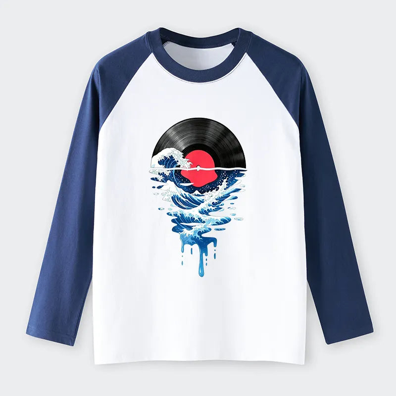 Kyoto-Lion Vinyl Records And Waves Raglan Long Sleeve T-shirt