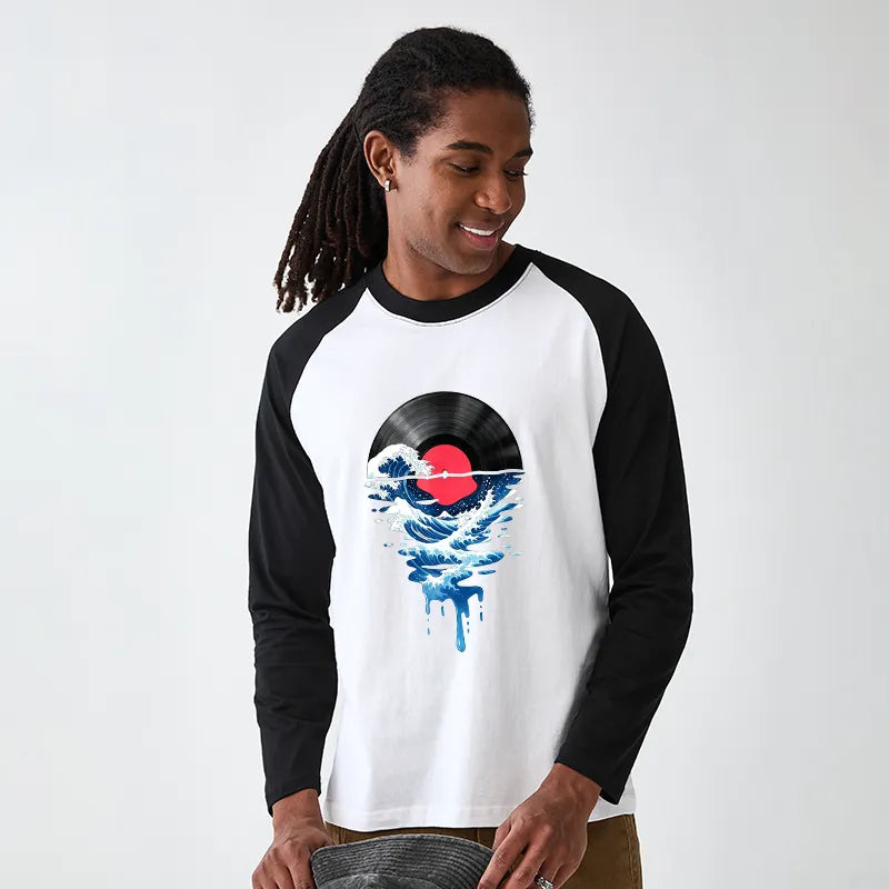 Kyoto-Lion Vinyl Records And Waves Raglan Long Sleeve T-shirt