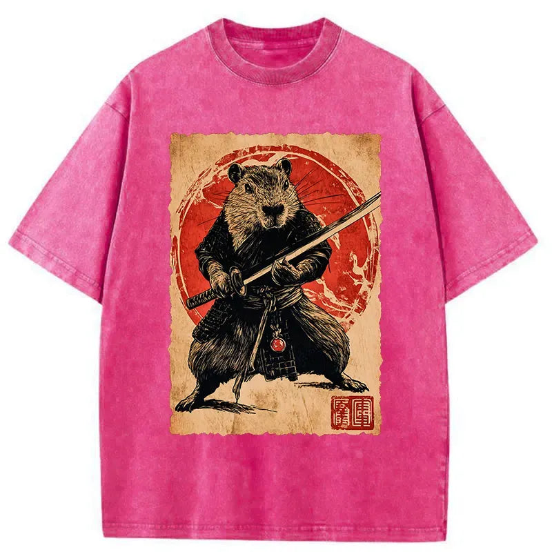 Kyoto-Lion Samurai Capybara Japan Washed T-Shirt