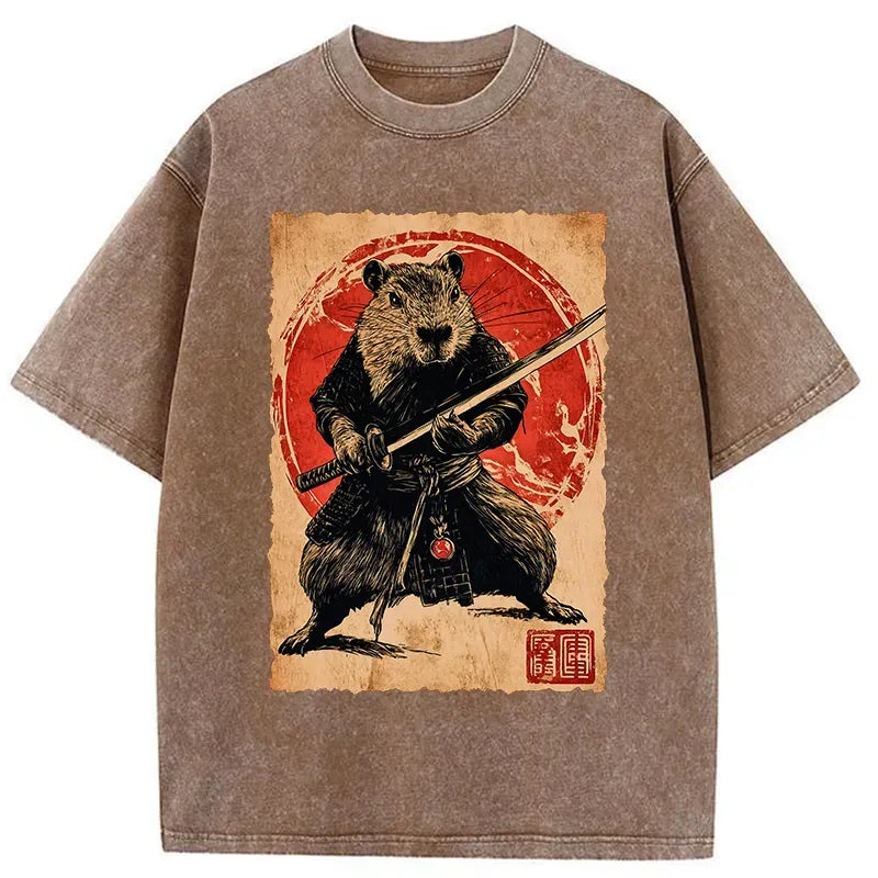 Kyoto-Lion Samurai Capybara Japan Washed T-Shirt