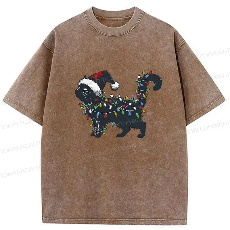 Japanese cat christmas lights washed tee