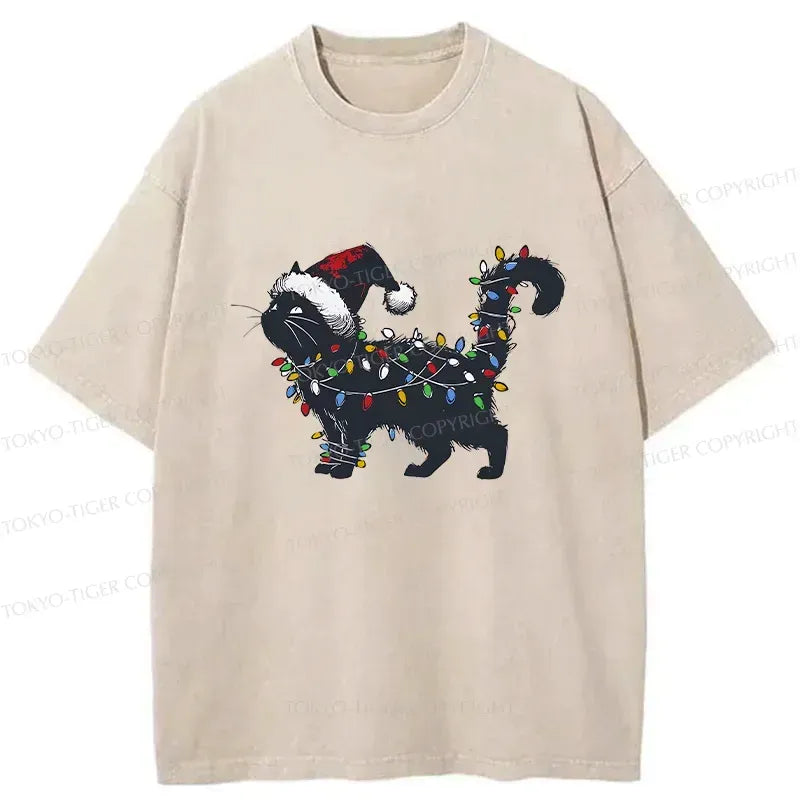 Japanese cat christmas lights washed tee