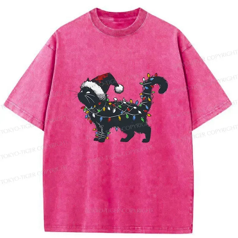 Japanese cat christmas lights washed tee