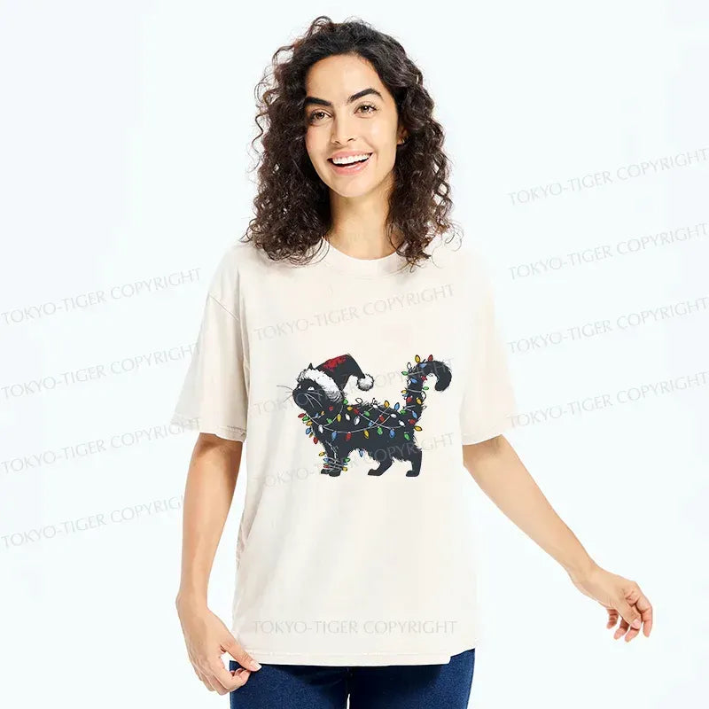 Japanese cat christmas lights washed tee