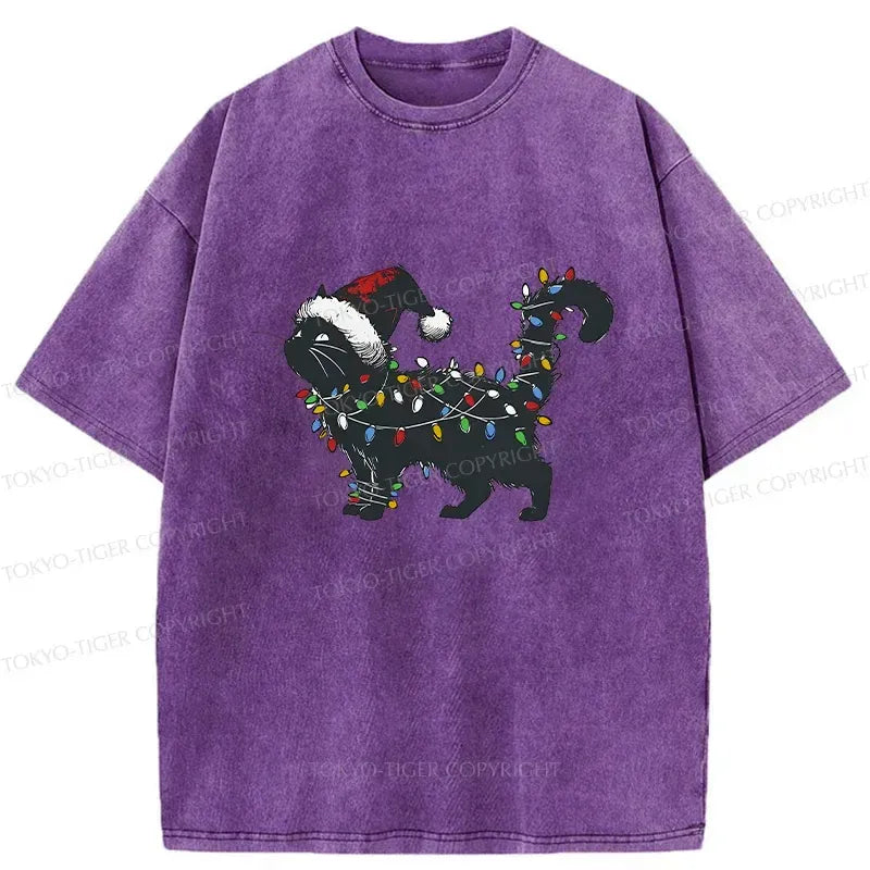 Japanese cat christmas lights washed tee