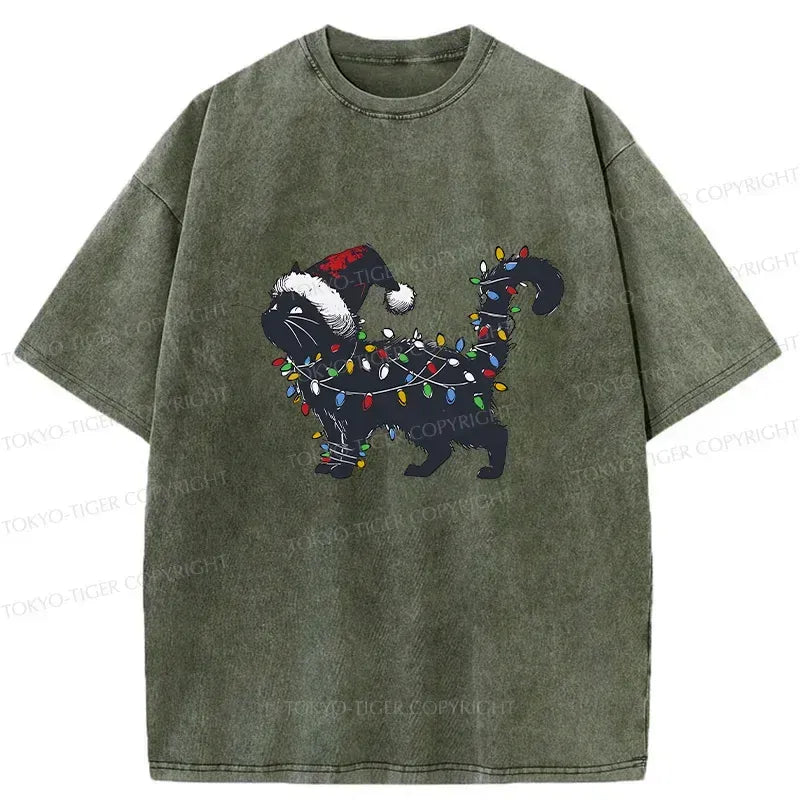 Kyoto-Lion Cat Entangled In Christmas Lights Washed T-Shirt
