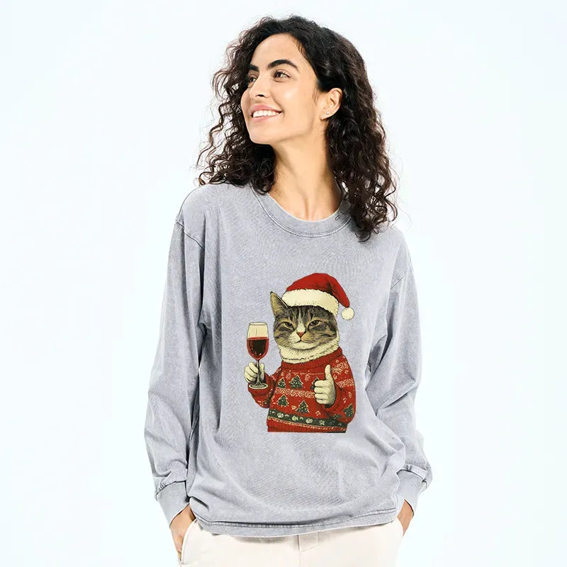 Kyoto-Lion Christmas Cat Likes Washed Long Sleeve T-Shirt