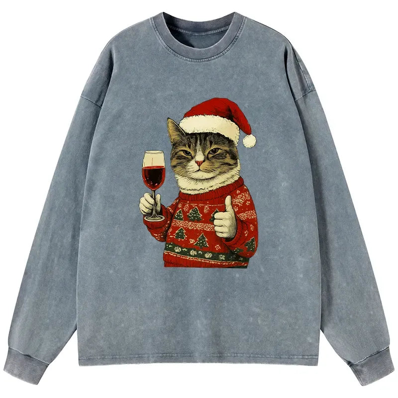 Kyoto-Lion Christmas Cat Likes Washed Long Sleeve T-Shirt