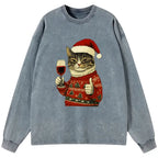 Kyoto-Lion Christmas Cat Likes Washed Long Sleeve T-Shirt