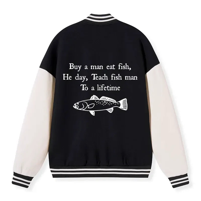 Kyoto-Lion Man Eat Fish Meme Embroidery Varsity Jacket
