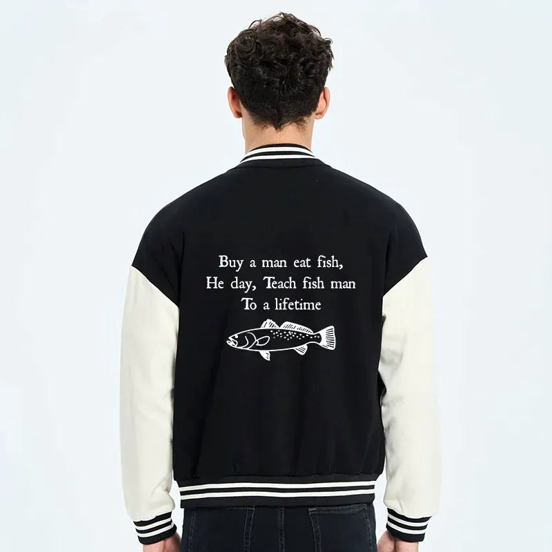 Kyoto-Lion Man Eat Fish Meme Embroidery Varsity Jacket