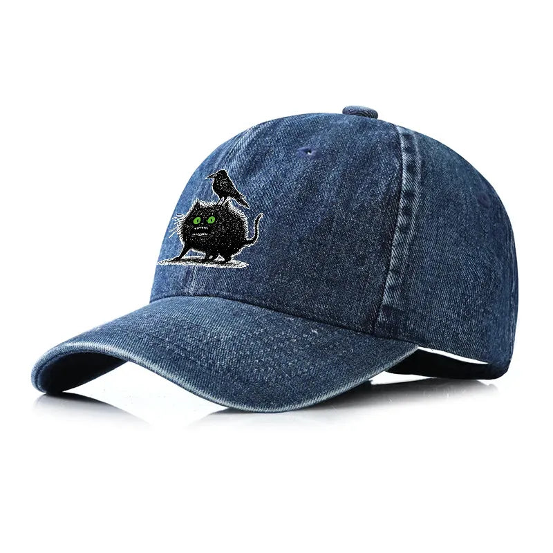 Washed Denim Cap with Crow and Cat for Streetwear
