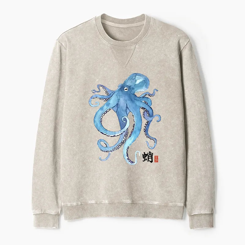 Kyoto-Lion Watercolor Blue Octopus Washed Terry Sweatshirt