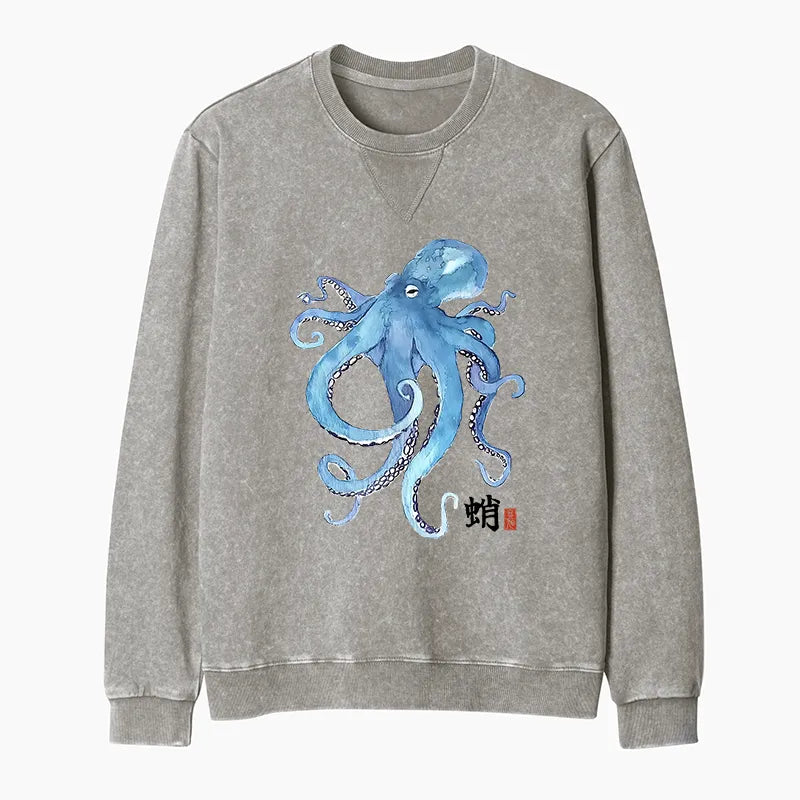 Kyoto-Lion Watercolor Blue Octopus Washed Terry Sweatshirt